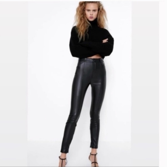 Zara Pants - Zara Black Faux Leather Button Leggings New